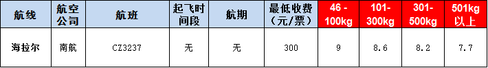 海拉爾空運報價表-海拉爾飛機空運價格-9月25號